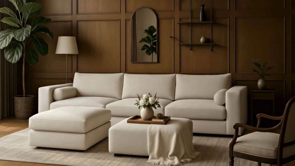 A sophisticated living room featuring a beige modular sectional sofa with a chaise lounge. The room is decorated with neutral tones, complemented by a wooden wall paneling, a large potted plant, a floor lamp, and a small table with a vase of white flowers. The setting creates a warm and inviting atmosphere, ideal for relaxation and social gatherings.