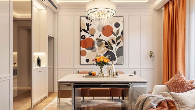 An elegant modern dining and living space featuring a marble dining table with a vase of flowers, surrounded by stylish chairs. The room is adorned with a large abstract artwork on the wall, a sophisticated chandelier hanging above the table, and a cozy sofa with decorative pillows. The space is well-lit with natural light and complemented by warm-toned curtains and a plush rug.