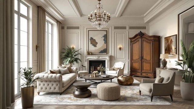 A luxurious living room featuring timeless interior design with high-quality materials such as solid wood furniture, natural stone accents, and fine textiles. The color palette is refined and neutral, with classic furnishings including a tufted Chesterfield sofa and an antique French armoire. The room is adorned with meaningful art pieces and features thoughtful lighting design, including a crystal chandelier and natural light sources, creating an elegant and harmonious atmosphere.
