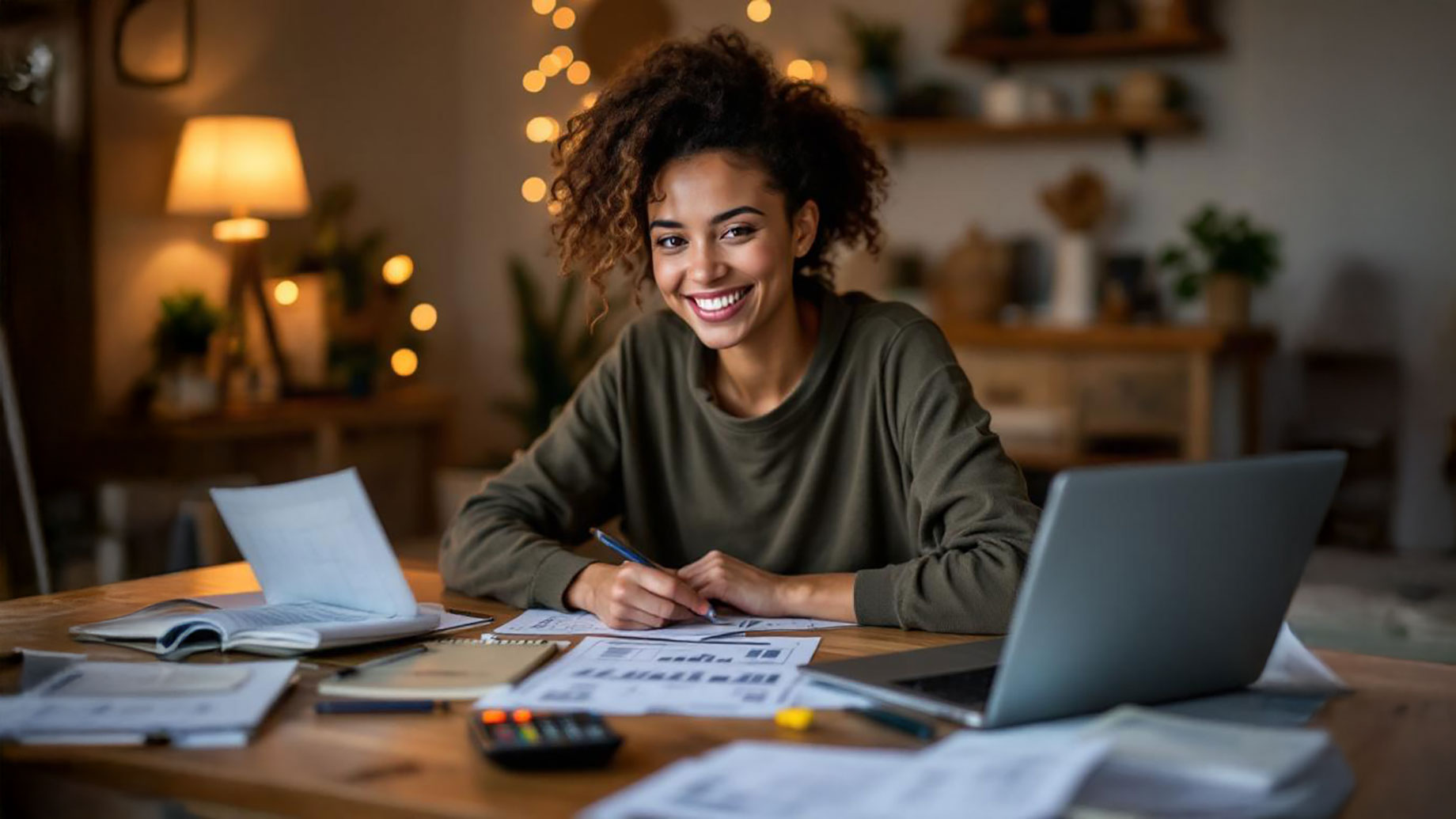 A person smiling while sitting at a table covered with financial documents, a laptop, and a calculator, actively planning their budget in a warmly lit room.