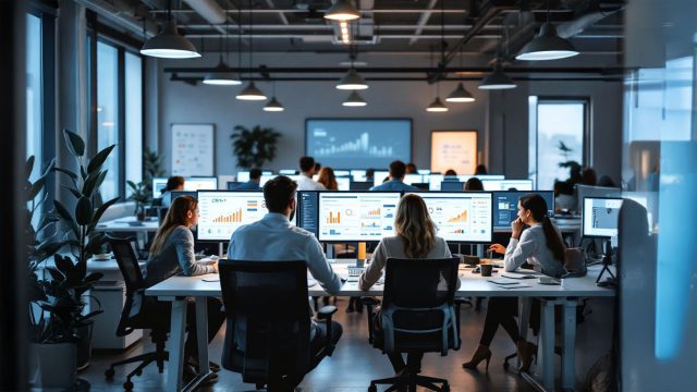 A team of employees in a modern office setting collaboratively using computers and digital dashboards to manage customer data and interactions through a CRM system. Screens display graphs and charts illustrating sales growth and customer retention metrics, highlighting the benefits of CRM in improving lead management, sales processes, and customer satisfaction.