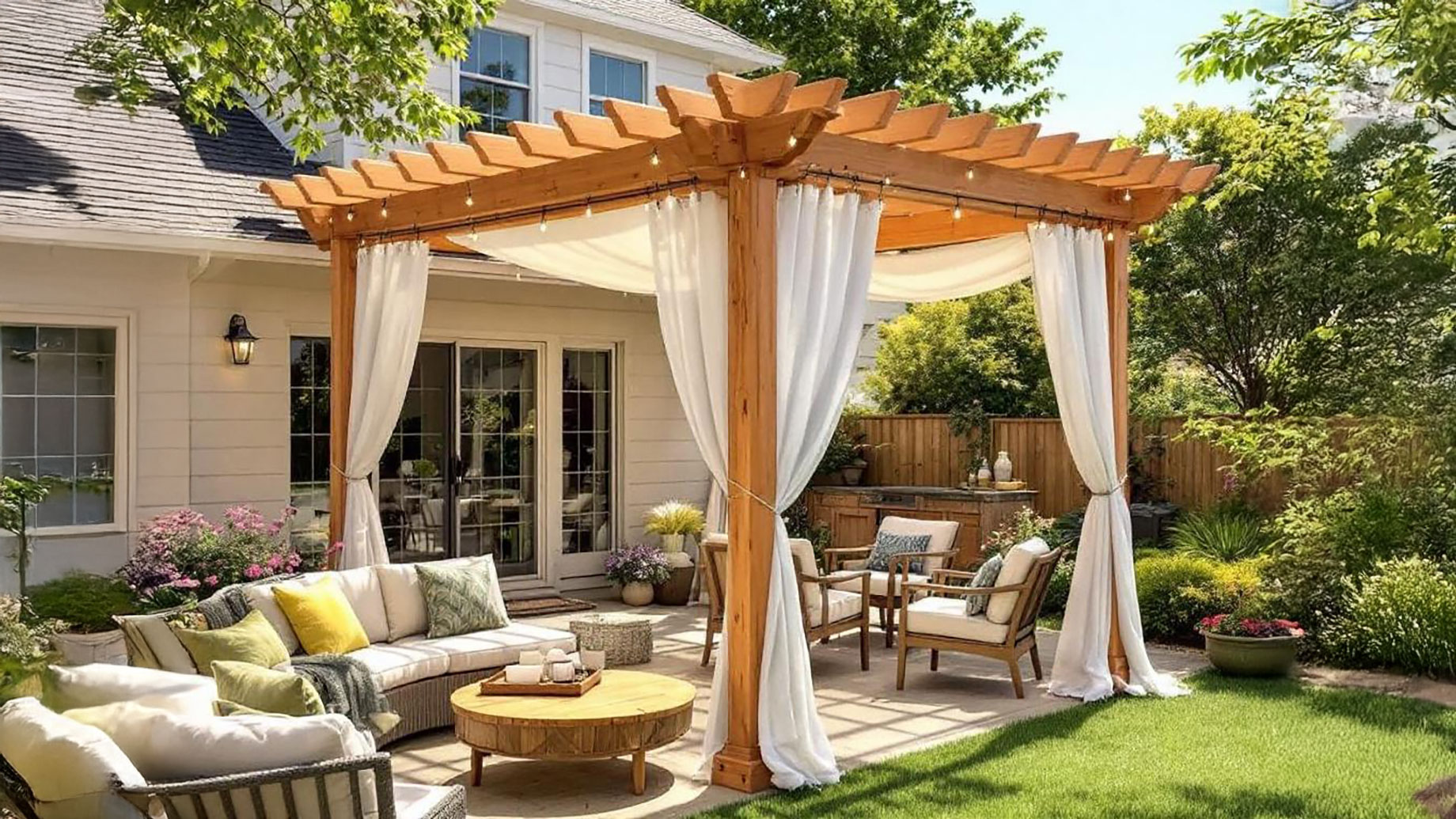 A beautifully designed backyard featuring a cedar wood pergola adorned with string lights and fabric, providing shade and an inviting atmosphere for relaxation and entertaining guests.