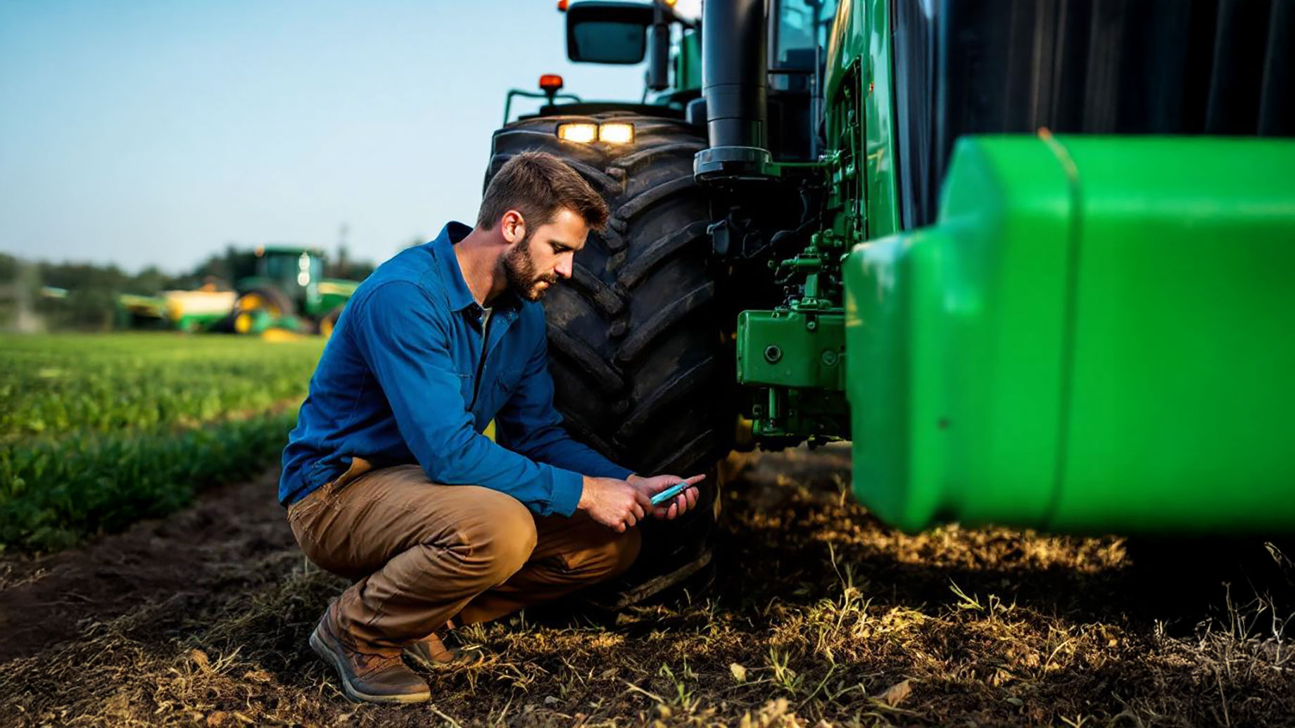 A farmer conducting a thorough pre-operation inspection on a tractor, checking tires and oil levels, with a well-maintained farm and additional farming equipment in the background.