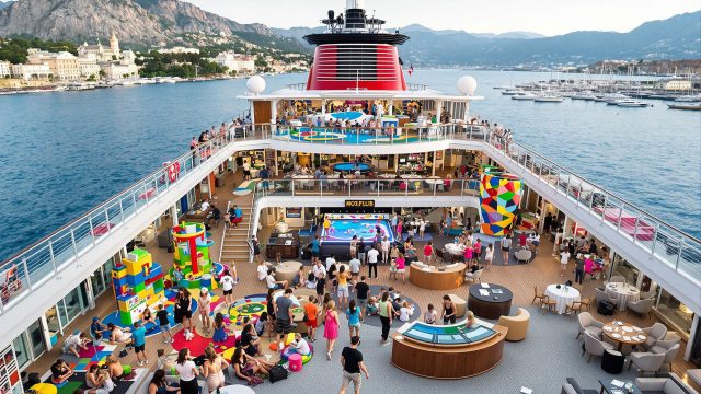 Families enjoying various activities on a luxury cruise ship, including children playing in a kids' club, teenagers in a social area, and adults relaxing in a lounge, with amenities, set against a backdrop of a beautiful port of call.
