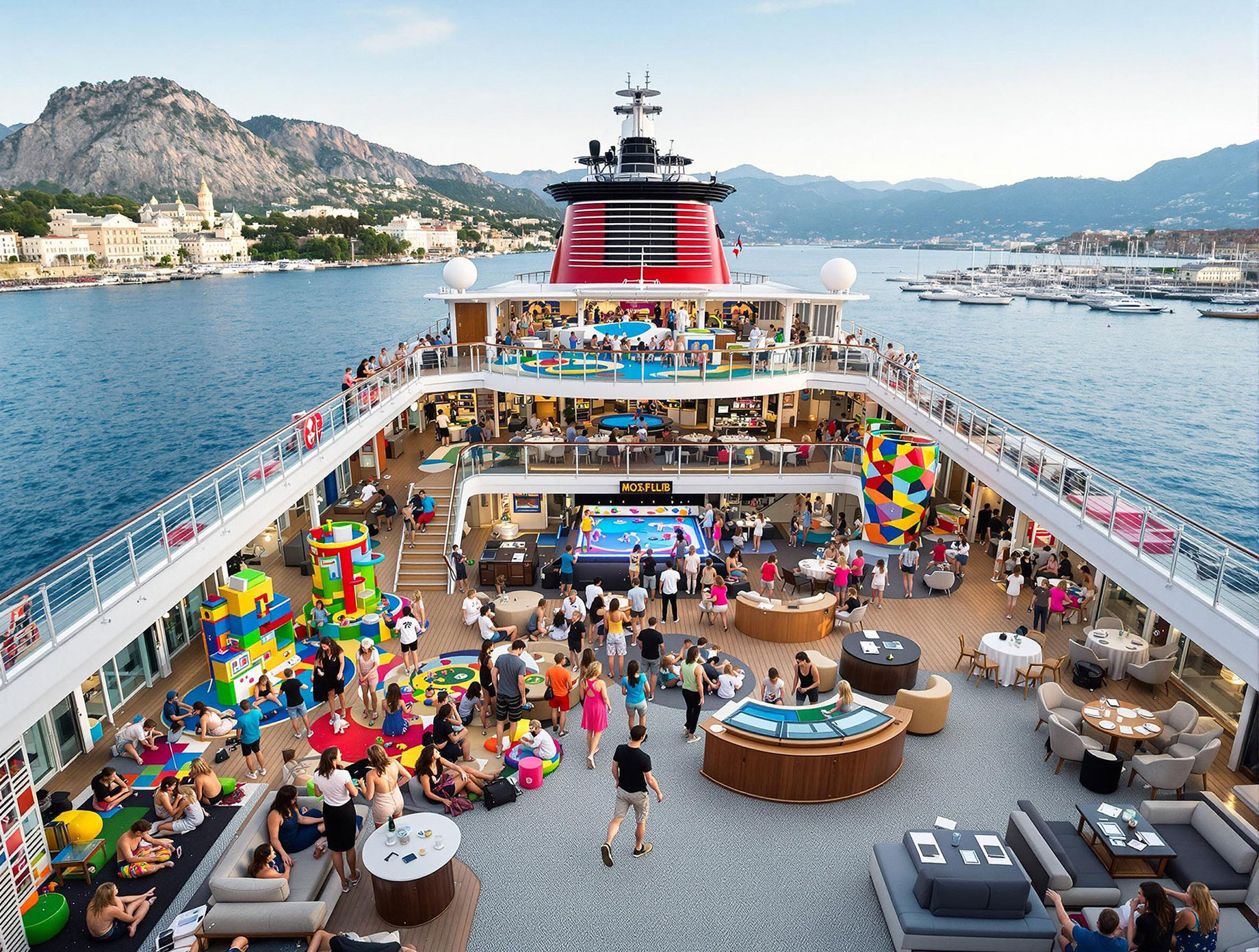 Families enjoying various activities on a luxury cruise ship, including children playing in a kids' club, teenagers in a social area, and adults relaxing in a lounge, with amenities, set against a backdrop of a beautiful port of call.