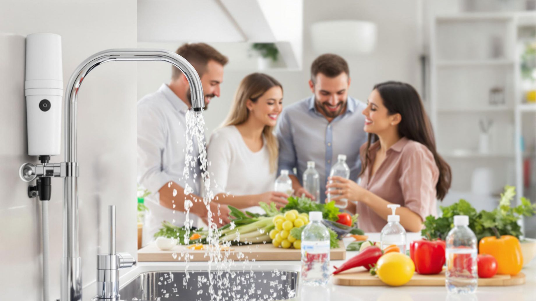 A family of four happily using a modern kitchen sink with a water filtration system, washing fresh vegetables and filling water bottles. The scene captures the joy and convenience of having clean, filtered water directly from the tap in a bright and welcoming kitchen environment.