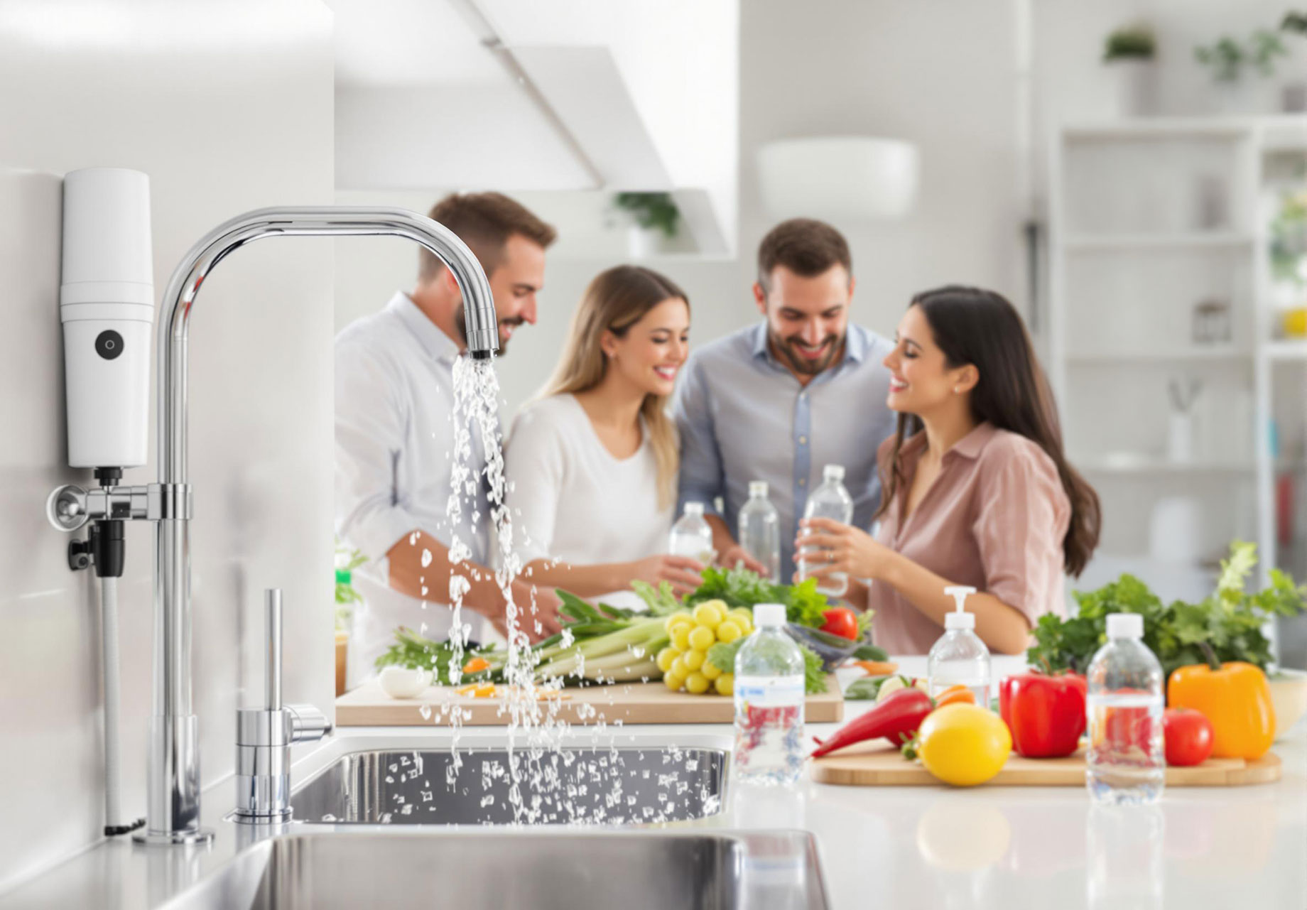 A family of four happily using a modern kitchen sink with a water filtration system, washing fresh vegetables and filling water bottles. The scene captures the joy and convenience of having clean, filtered water directly from the tap in a bright and welcoming kitchen environment.