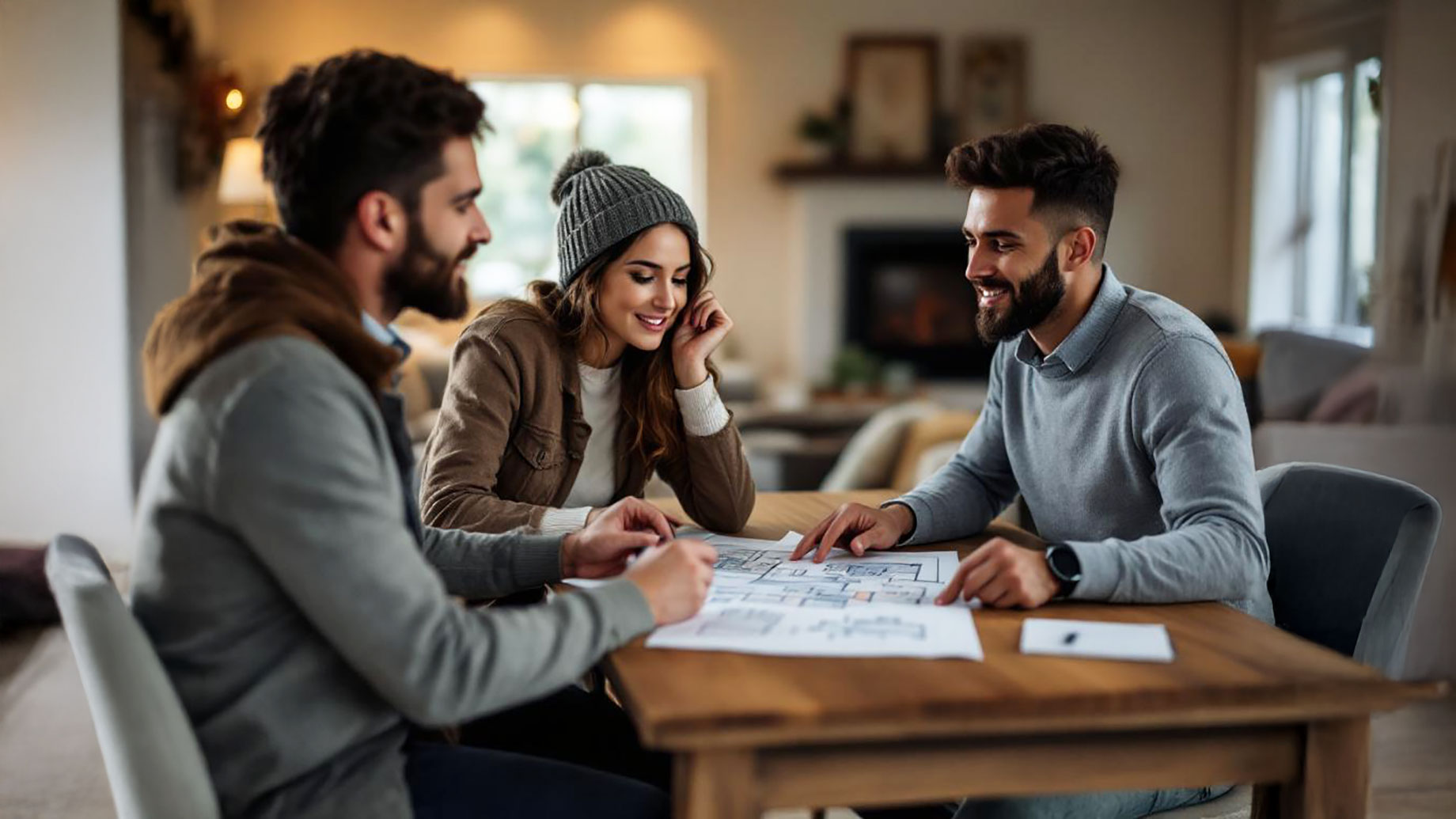 A young couple sitting with a real estate agent at a table, reviewing documents and discussing details about purchasing their first home in a warm and inviting setting.