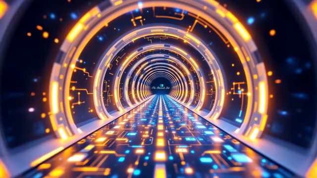 A futuristic digital tunnel symbolizing the integration of AI, Cloud Computing, and IT Outsourcing, depicted with glowing pathways. The AI pathway is illuminated with neural network patterns in gold, the Cloud Computing pathway with cloud icons and data streams in blue, and the IT Outsourcing pathway with global network nodes in white. The overall aesthetic is sleek and high-tech, emphasizing the seamless integration of these technologies in a modern business strategy.