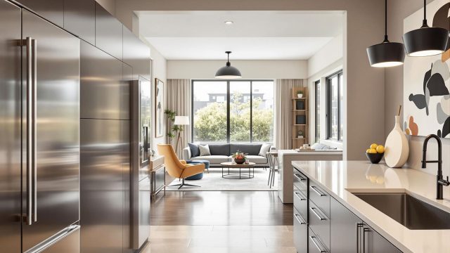 A beautifully designed living space showcasing a modern kitchen with sleek countertops and a full-size refrigerator, adjacent to a cozy living area with stylish furniture. The room is filled with natural light from large windows and features smart storage solutions and a cohesive color palette with pops of color and various textures.