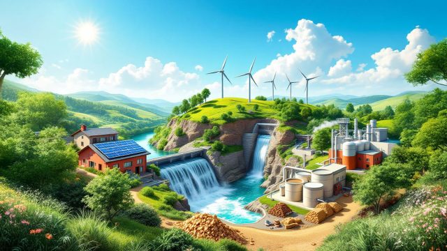 A vibrant landscape showcasing various renewable energy sources including wind turbines on a hill, a solar-paneled house, a hydroelectric dam with a waterfall, and a bioenergy facility, all set in a lush green environment under a bright blue sky.