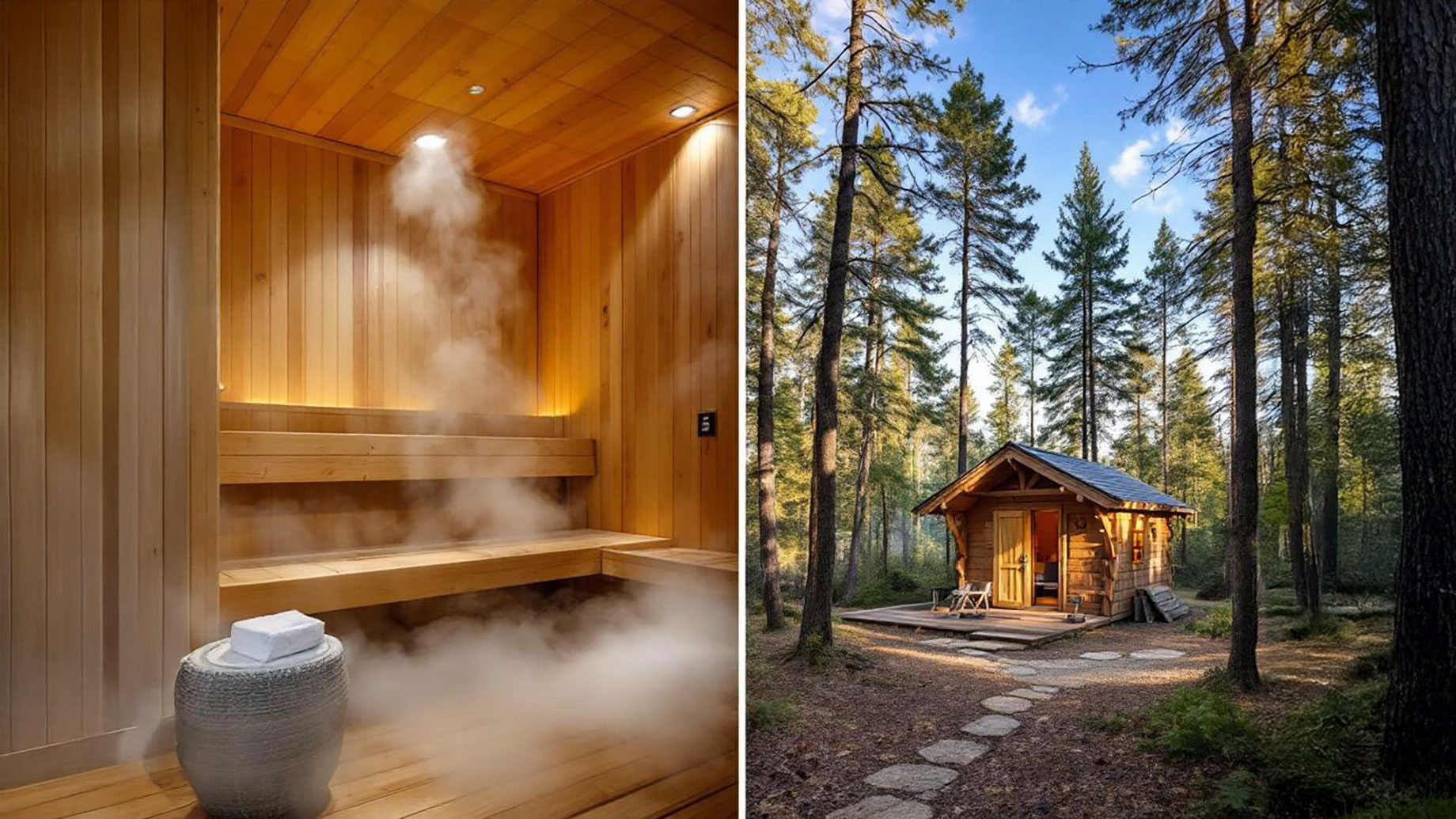 A split image showing the interior of a cozy indoor sauna with wooden paneling and steam on the left, and a rustic outdoor sauna cabin surrounded by tall trees in a forest on the right.