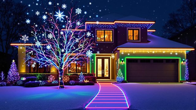 A beautifully lit home with modern and innovative Christmas light patterns, including roofline lighting, window framing, tree wrapping, synchronized light shows, 3D lighting effects, and themed lighting zones, creating a festive and magical winter wonderland.