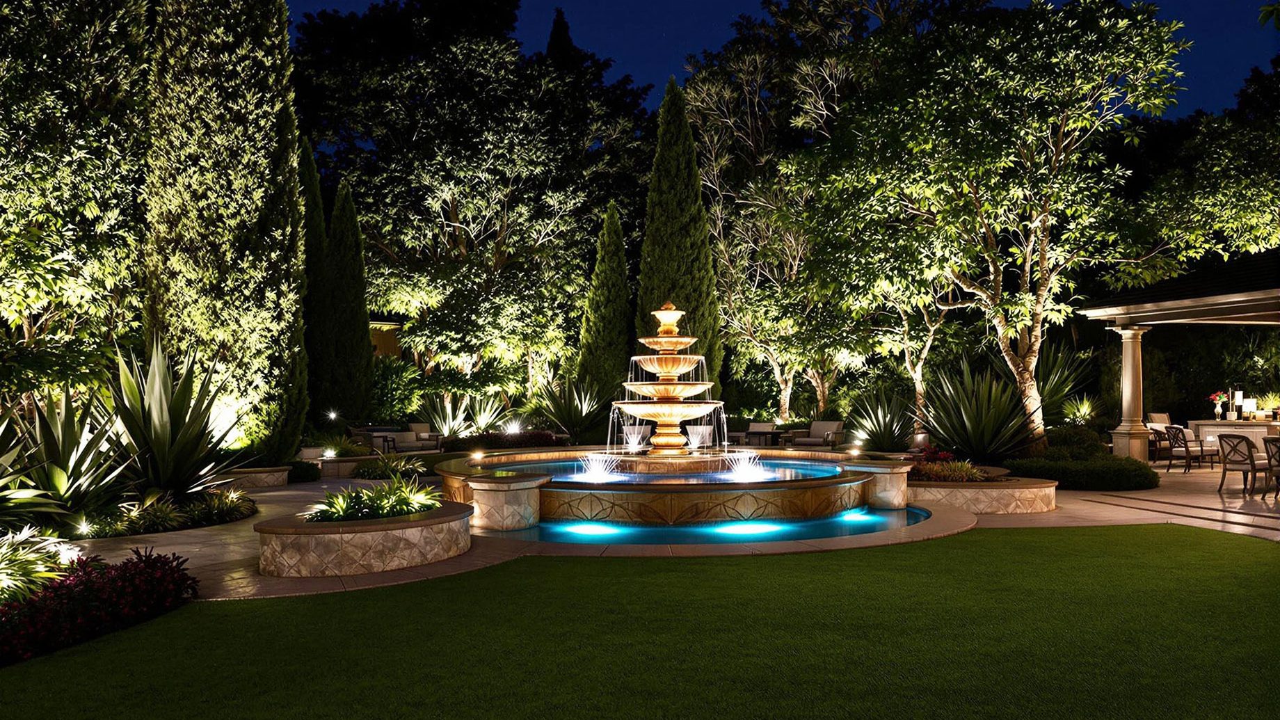 A beautifully lit luxurious estate garden at night featuring a grand water fountain, exotic plants, and elegant outdoor lighting.