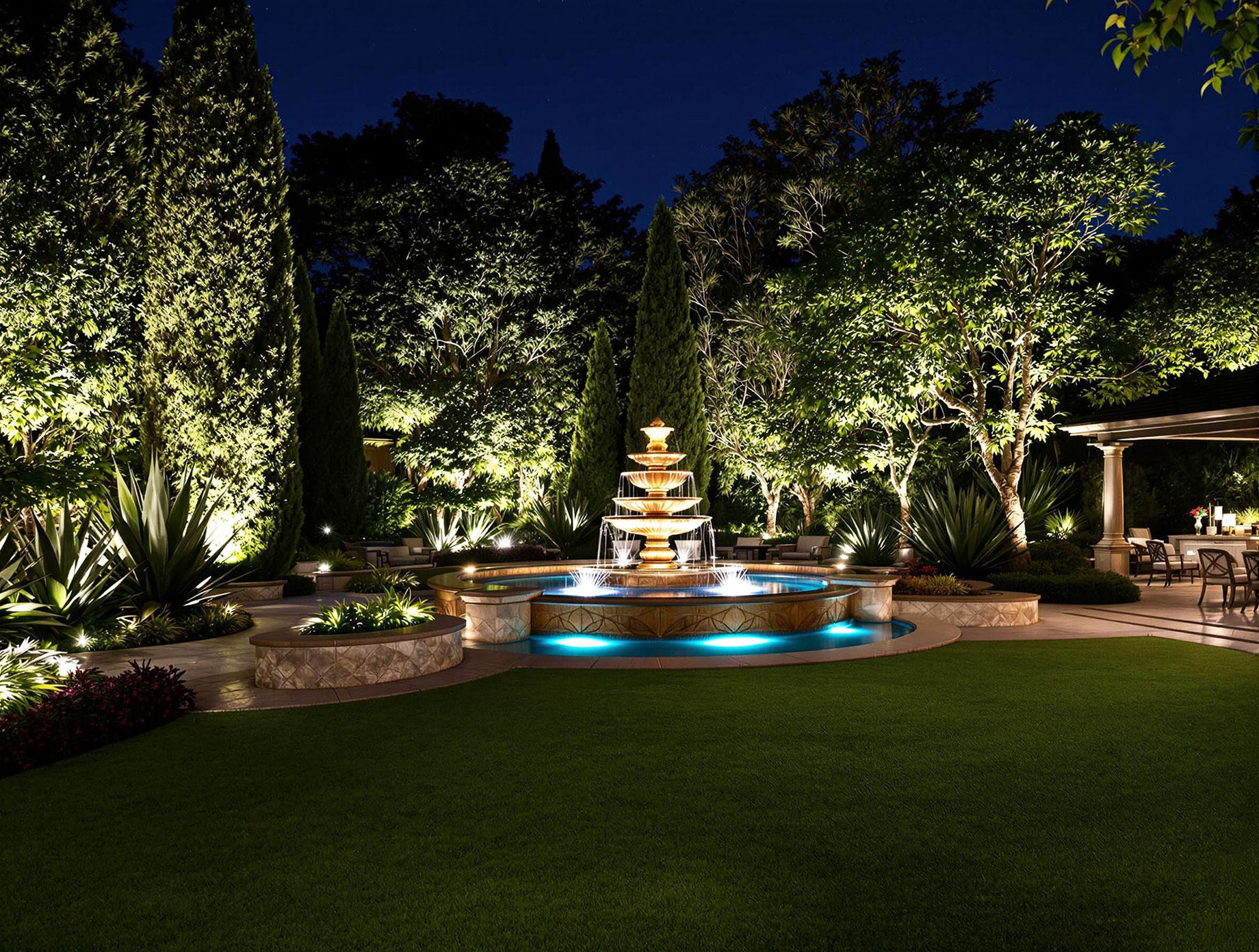 A beautifully lit luxurious estate garden at night featuring a grand water fountain, exotic plants, and elegant outdoor lighting.