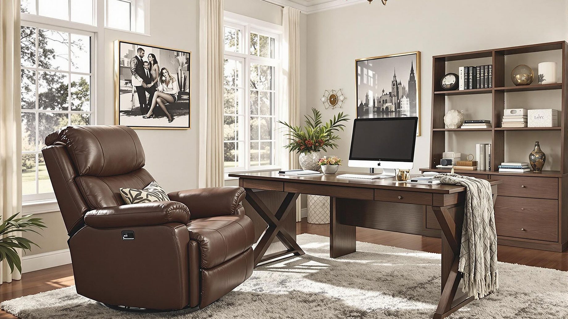 A luxurious leather recliner in a well-lit home office, positioned near a large wooden desk with a computer monitor and office supplies. The room features contemporary decor, including a plush area rug, modern lighting, and tasteful artwork. The recliner is slightly reclined, with a cozy throw blanket and decorative pillow, emphasizing comfort and elegance.