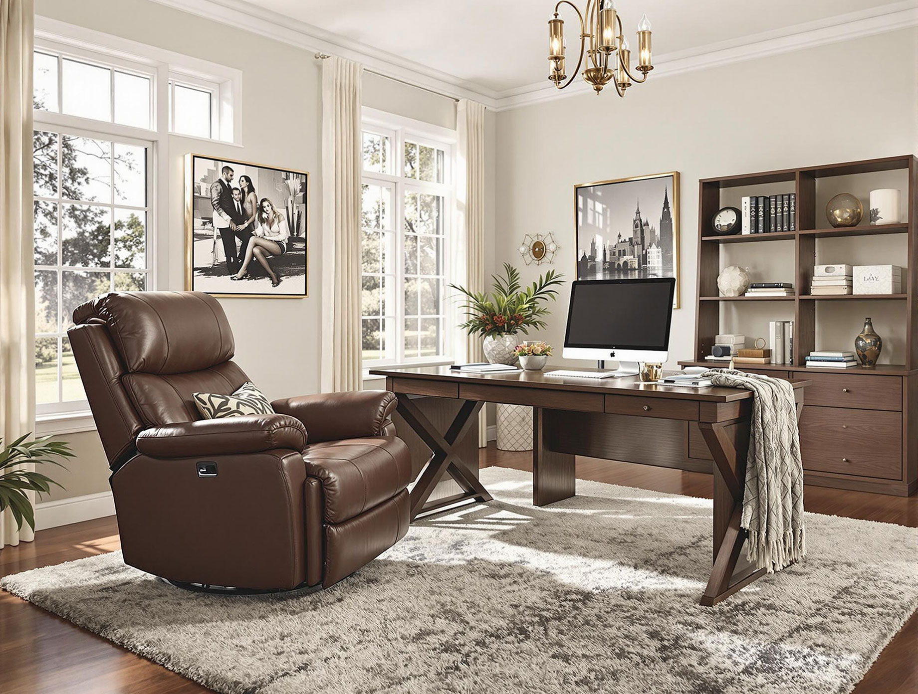 A luxurious leather recliner in a well-lit home office, positioned near a large wooden desk with a computer monitor and office supplies. The room features contemporary decor, including a plush area rug, modern lighting, and tasteful artwork. The recliner is slightly reclined, with a cozy throw blanket and decorative pillow, emphasizing comfort and elegance.