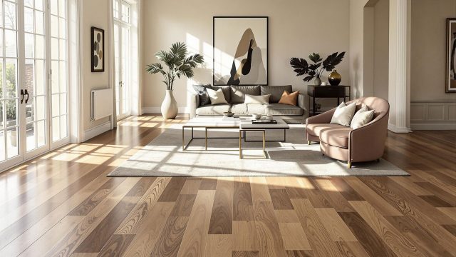 A luxurious living room featuring wide plank hardwood floors, bathed in natural light with modern and timeless decor.