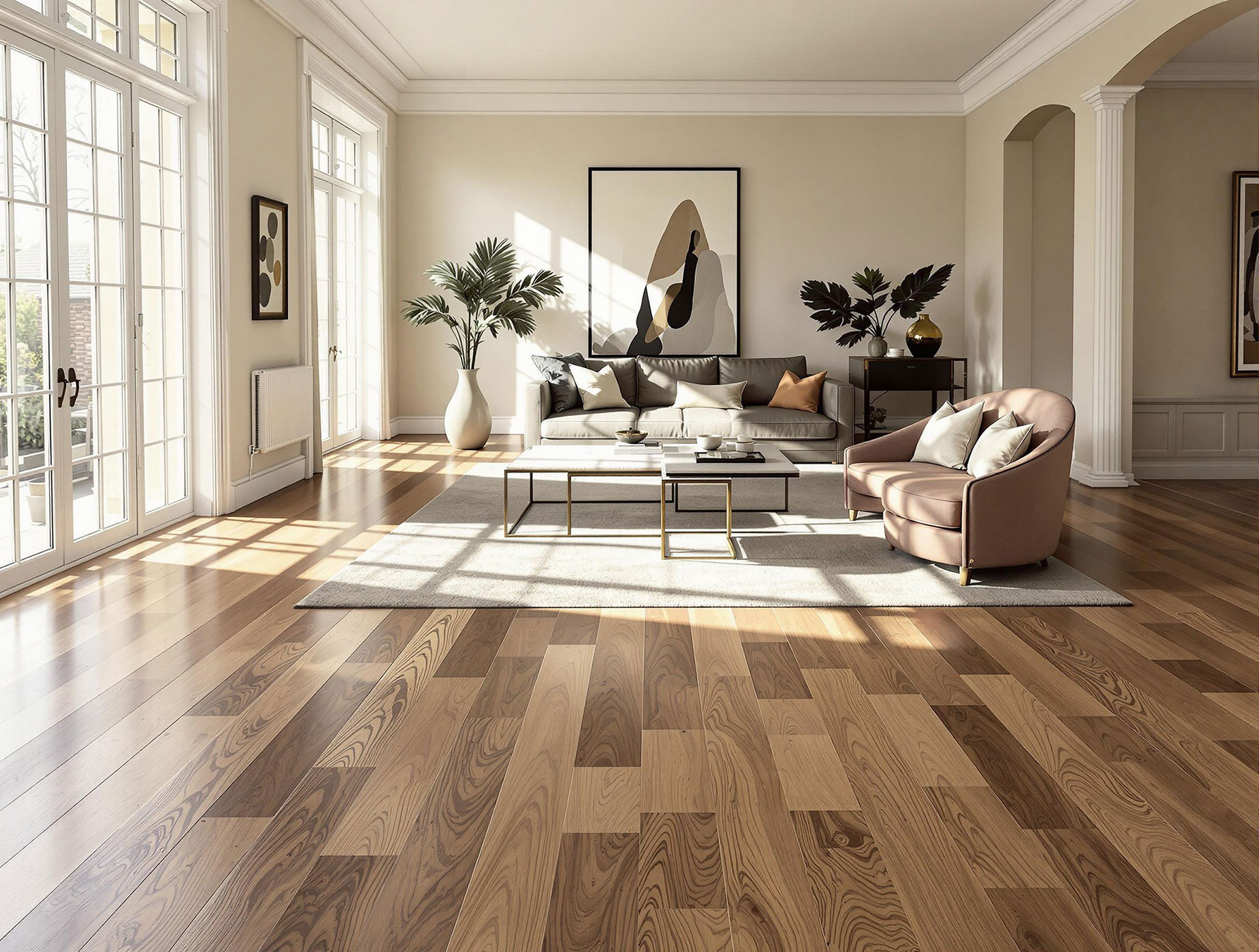 A luxurious living room featuring wide plank hardwood floors, bathed in natural light with modern and timeless decor.