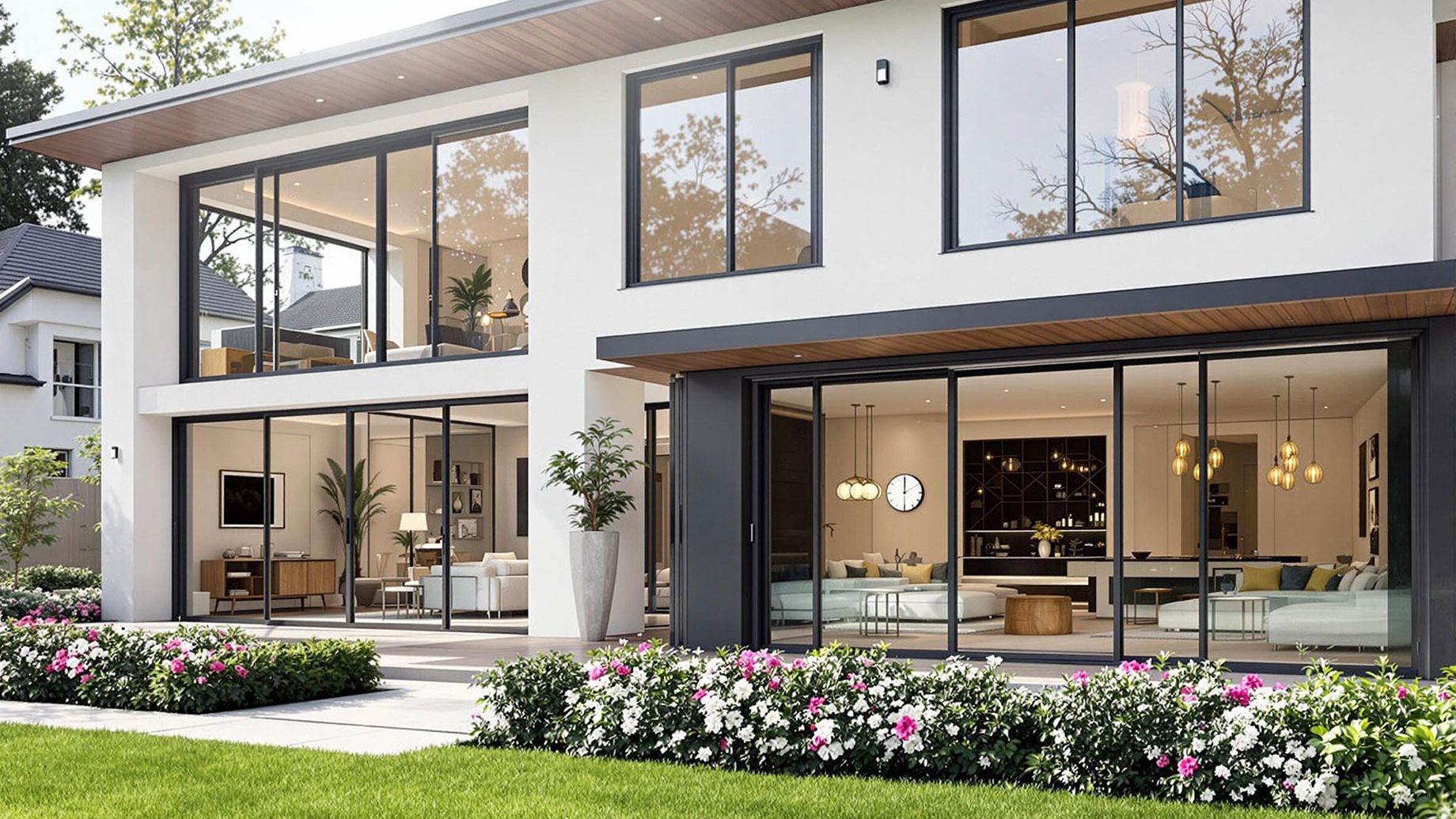 A luxurious modern home featuring Seemray's European windows and doors, showcasing a sleek design with large, elegant windows and stylish doors that enhance natural light and provide stunning views. The interior is tastefully decorated with modern furniture, creating a warm and inviting atmosphere, while the exterior is surrounded by a beautifully landscaped garden.