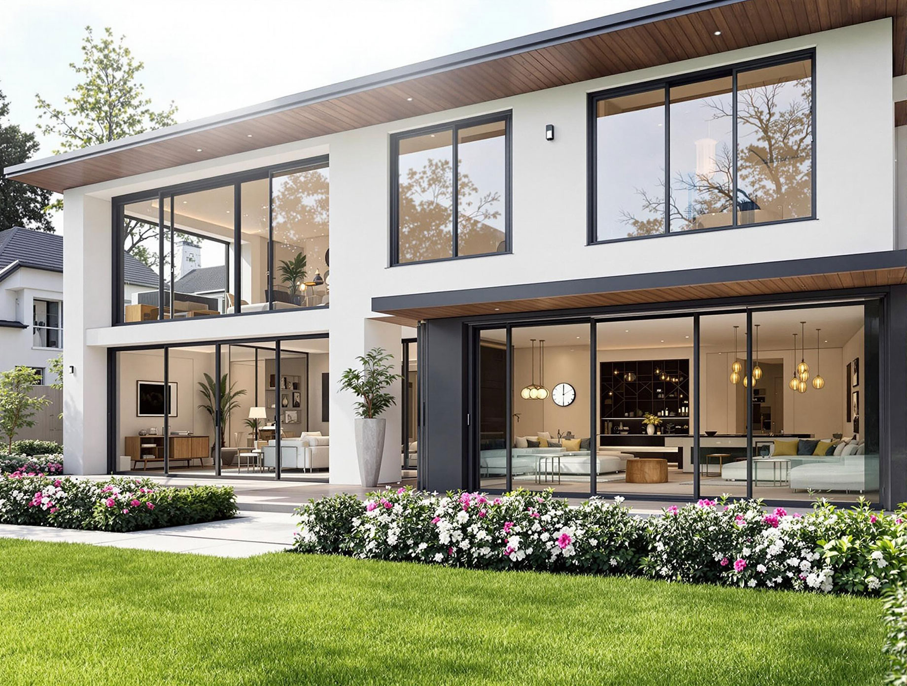 A luxurious modern home featuring Seemray's European windows and doors, showcasing a sleek design with large, elegant windows and stylish doors that enhance natural light and provide stunning views. The interior is tastefully decorated with modern furniture, creating a warm and inviting atmosphere, while the exterior is surrounded by a beautifully landscaped garden.