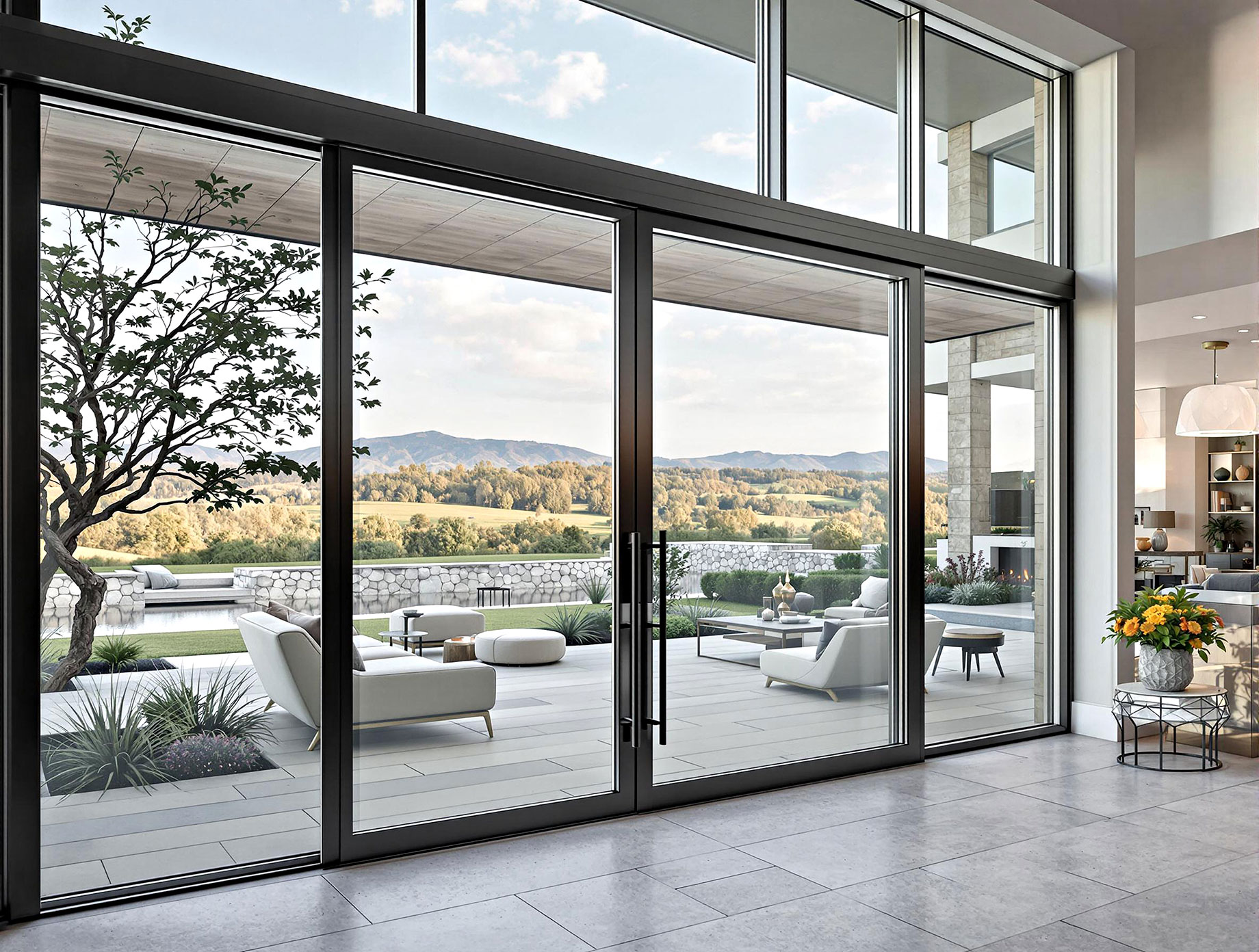 A modern luxury home featuring expansive floor-to-ceiling windows and elegant doors, offering panoramic views of a beautifully landscaped garden and patio area.