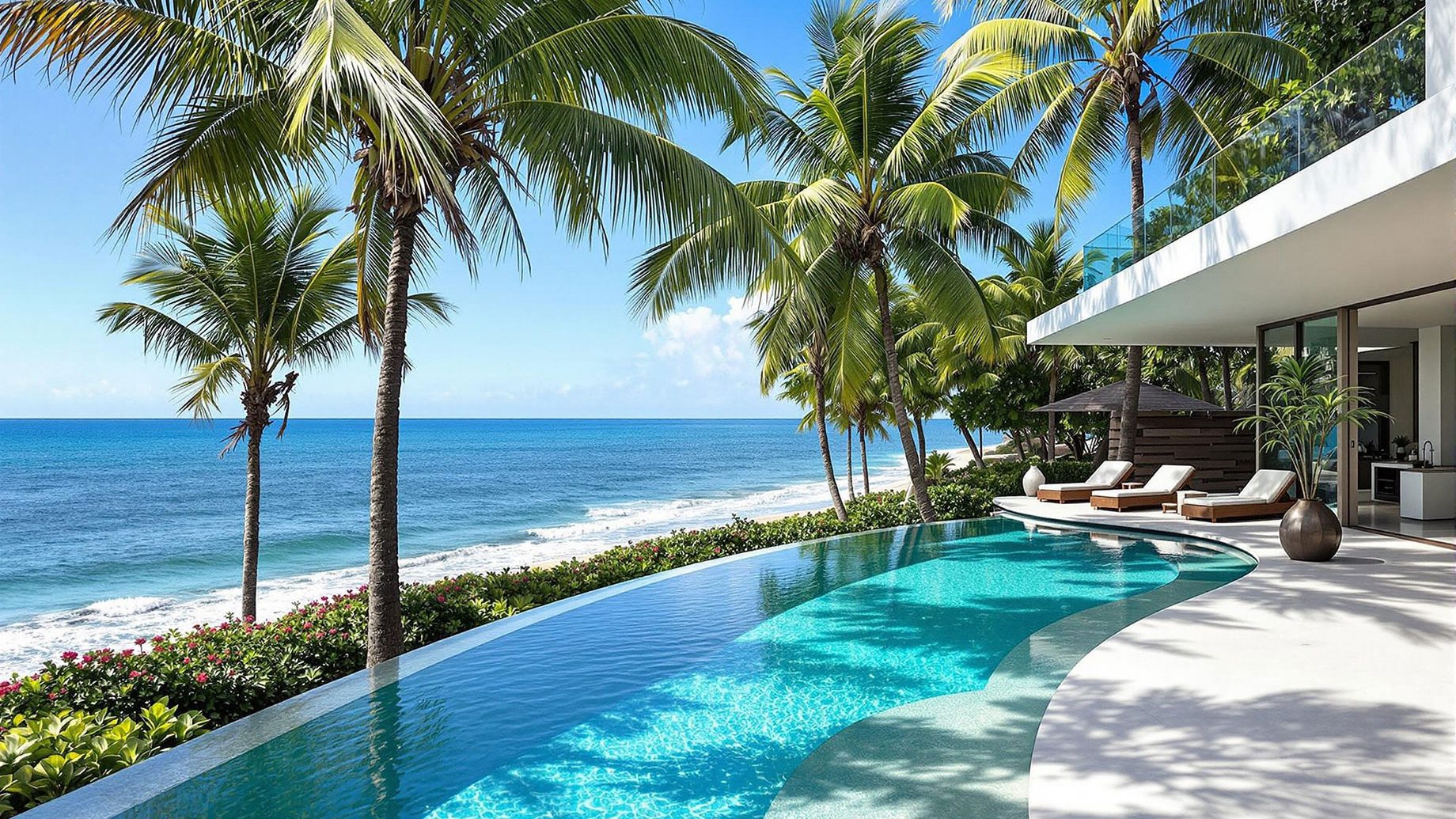 A serene luxury villa by the sea featuring a modern interior, spacious terrace, private infinity pool, and lush tropical landscaping, embodying comfort and elegance.