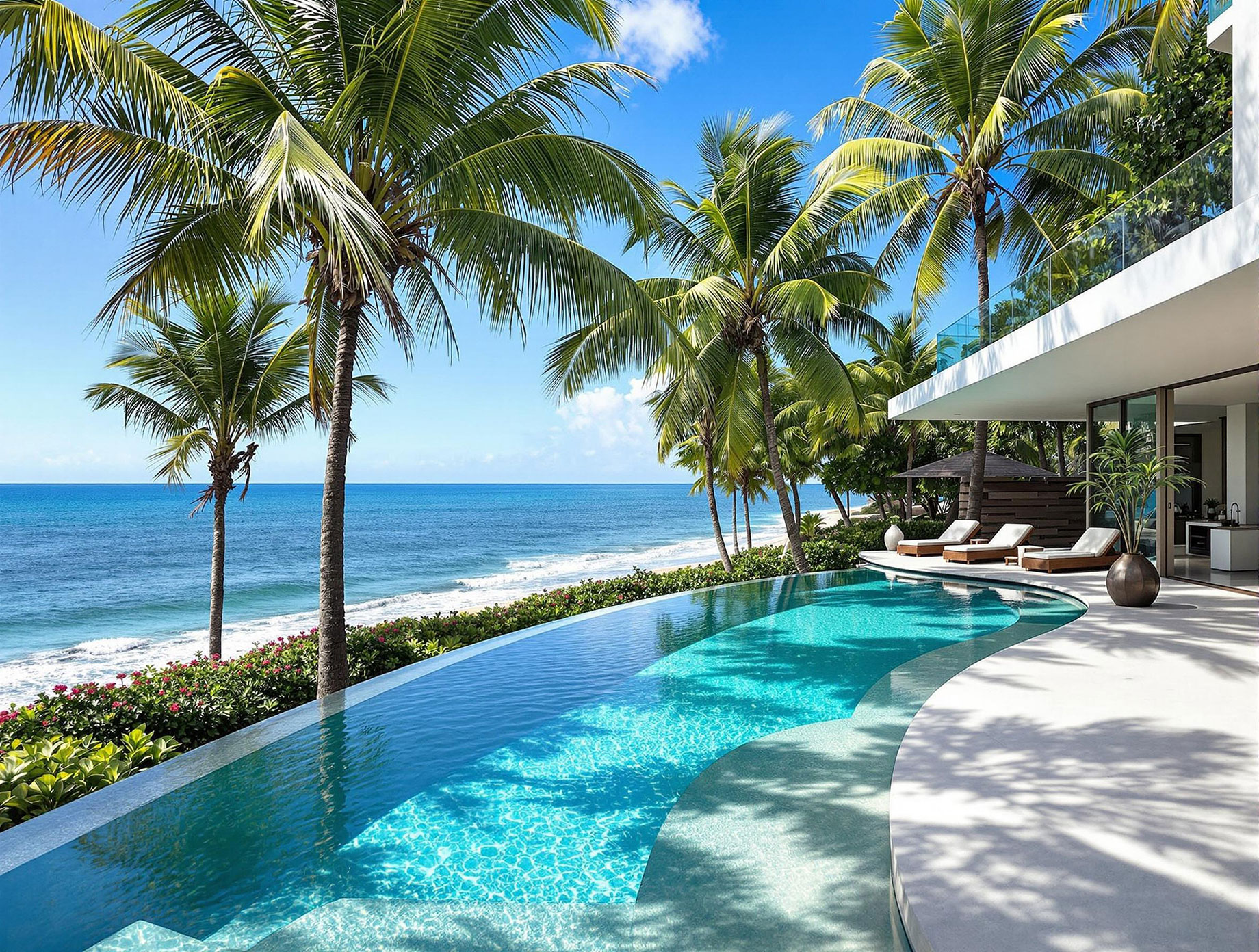 A serene luxury villa by the sea featuring a modern interior, spacious terrace, private infinity pool, and lush tropical landscaping, embodying comfort and elegance.
