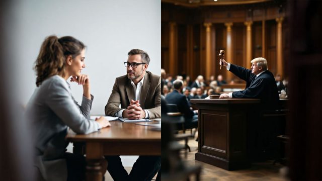 A split image showing mediation on one side with two people in a calm discussion with a mediator at a table, and litigation on the other side with a courtroom scene featuring a judge's gavel.