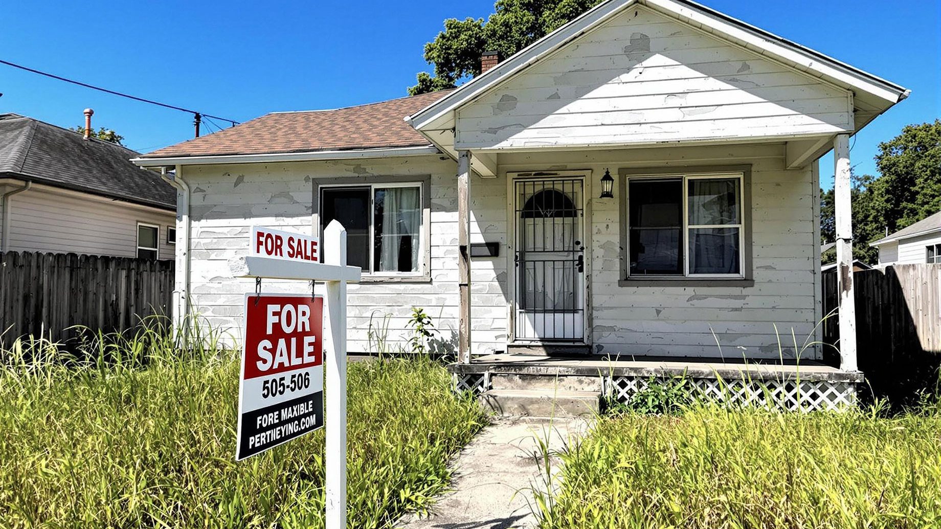 A suburban home in Millington with a 'For Sale' sign, showing signs of wear and tear such as peeling paint and an overgrown lawn, under a clear sky.