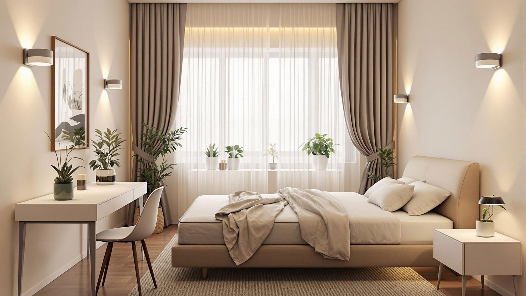 A modern bedroom featuring stylish LED wall lights creating a cozy ambiance. The room includes various types of LED wall sconces, a comfortable bed, minimalist decor, and indoor plants, highlighting a blend of ambient and task lighting.