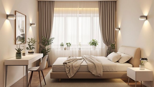A modern bedroom featuring stylish LED wall lights creating a cozy ambiance. The room includes various types of LED wall sconces, a comfortable bed, minimalist decor, and indoor plants, highlighting a blend of ambient and task lighting.