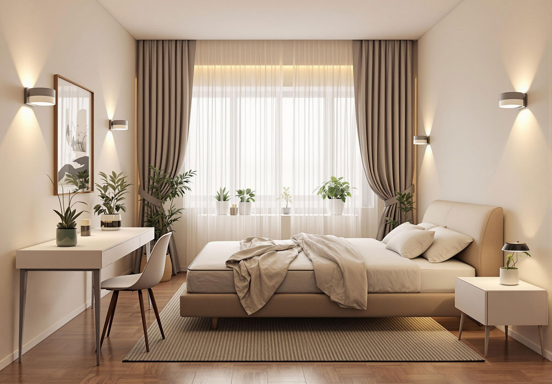 A modern bedroom featuring stylish LED wall lights creating a cozy ambiance. The room includes various types of LED wall sconces, a comfortable bed, minimalist decor, and indoor plants, highlighting a blend of ambient and task lighting.