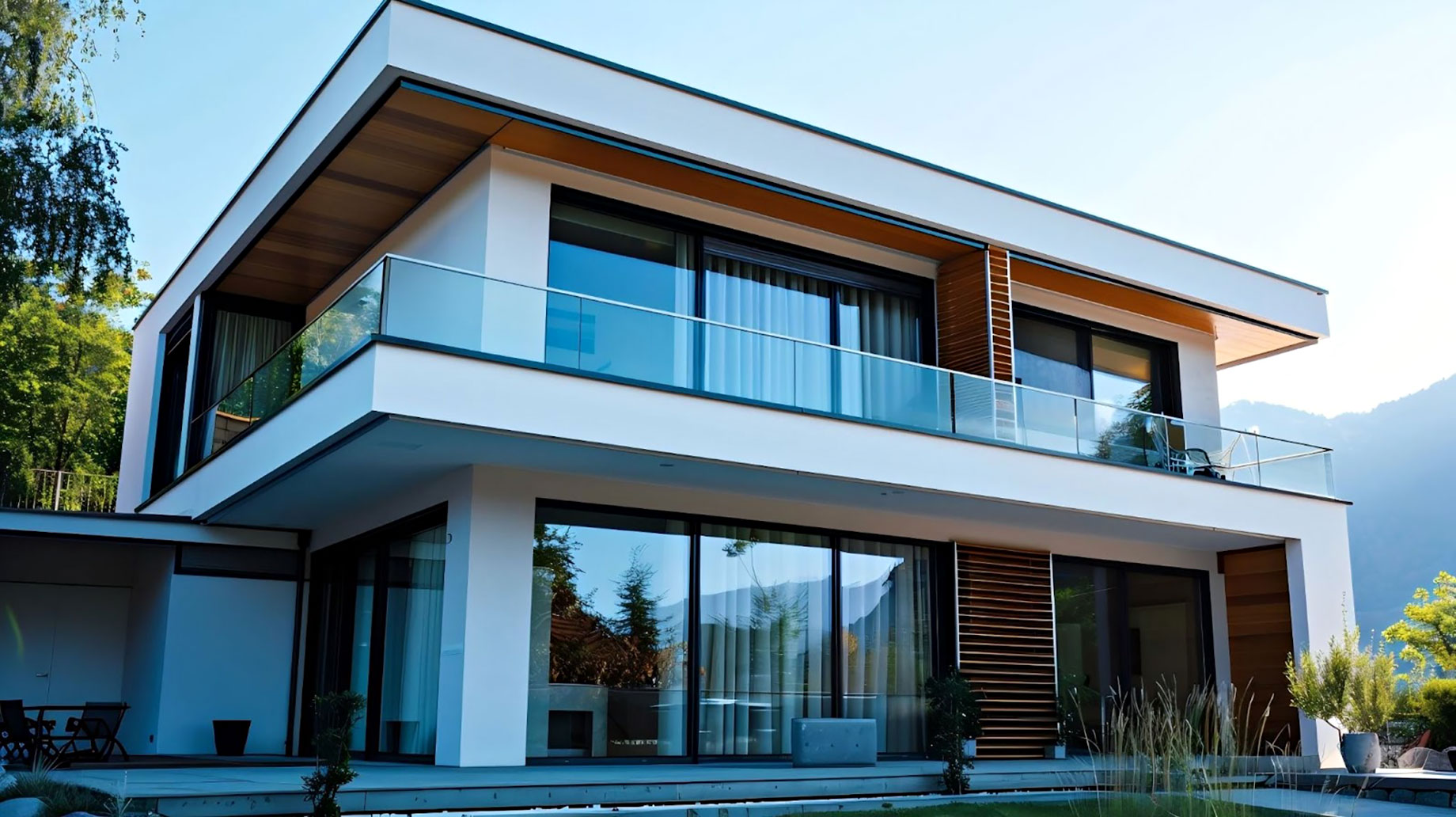 Modern home with custom aluminum windows, designed for future flexibility and smart home integration, including automated features and security upgrades.