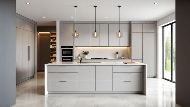 A modern, contemporary kitchen showcasing an open-plan layout with a spacious island bench at the center, equipped with integrated appliances and seating. The kitchen features smart storage solutions, quality engineered stone benchtops, stylish pendant lighting, and minimalist cabinetry with flat-panel designs.