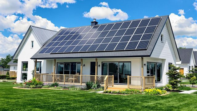 A modern home equipped with solar panels on the roof, surrounded by a well-maintained garden, illustrating a sustainable and energy-efficient living space.