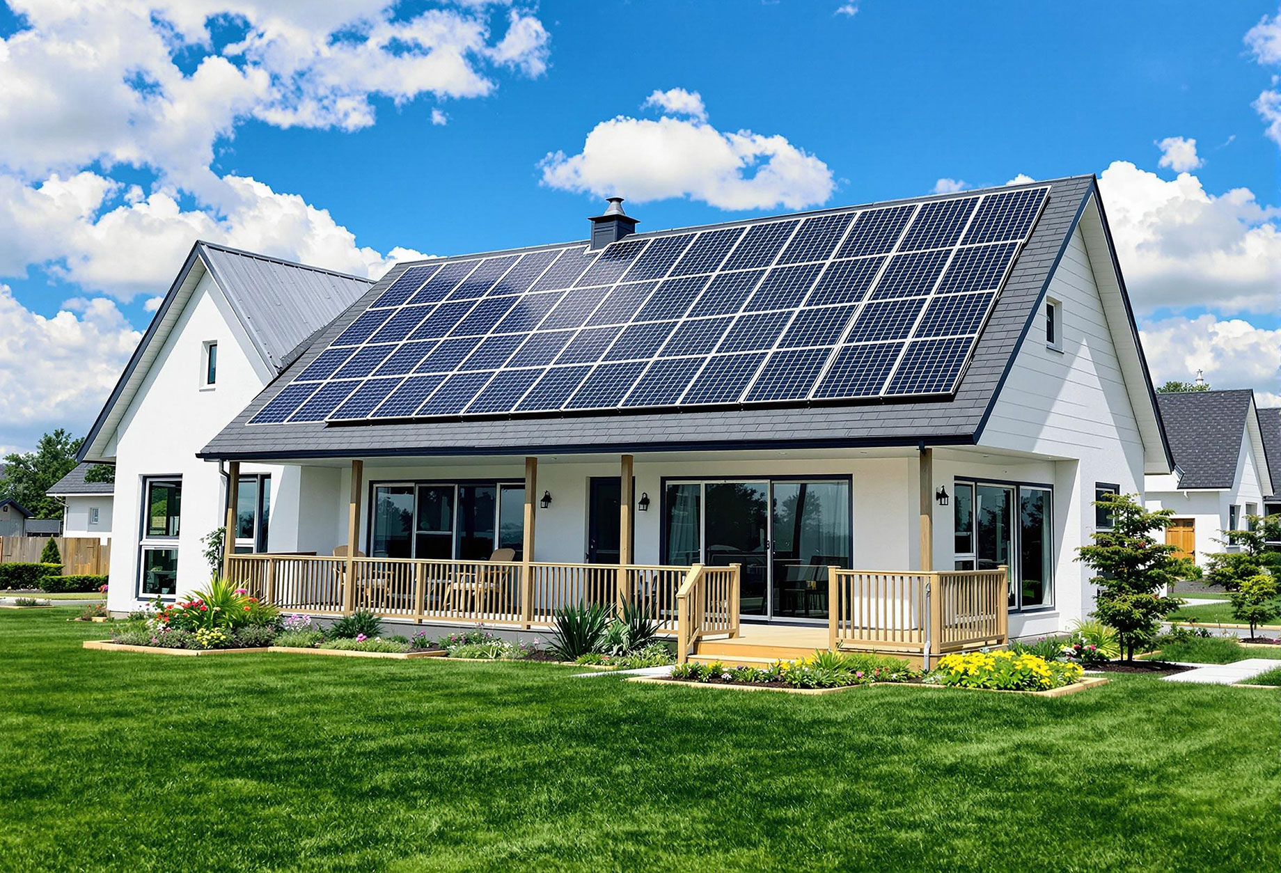 A modern home equipped with solar panels on the roof, surrounded by a well-maintained garden, illustrating a sustainable and energy-efficient living space.