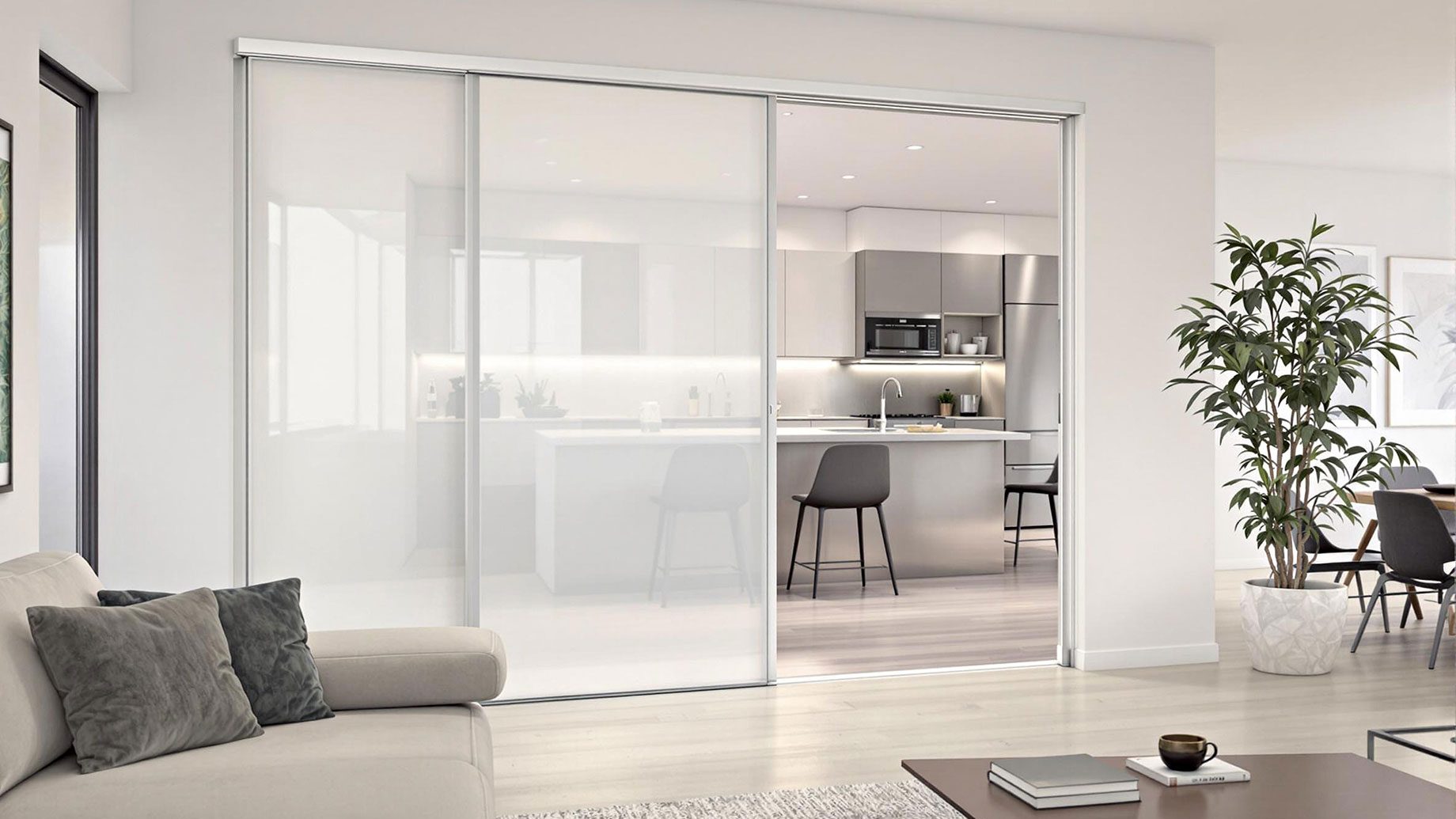 A modern interior setting featuring a sleek cavity slider door integrated into the wall, showcasing space-saving benefits and a minimalist design that enhances the room's aesthetic appeal and functionality.