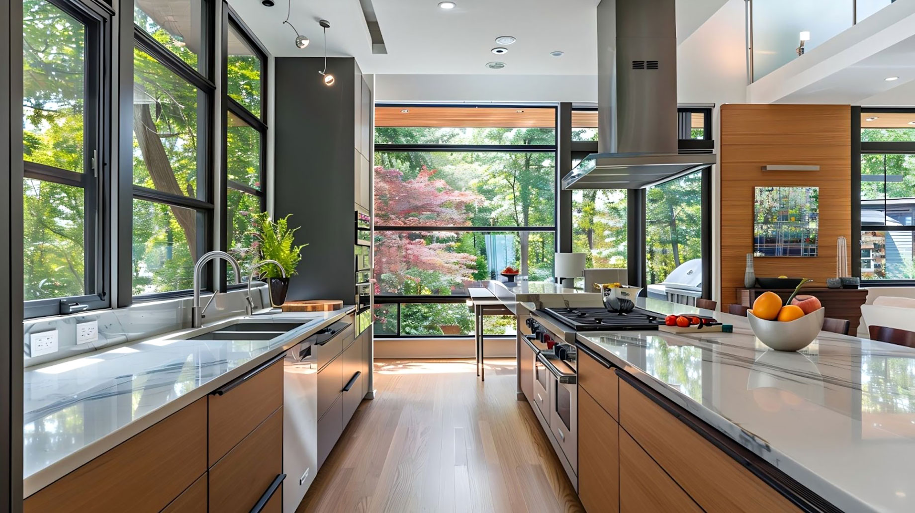 Modern kitchen with custom aluminum windows, seamlessly coordinating with interior elements like cabinetry and appliances for a cohesive design.