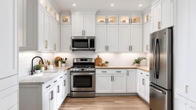 A modern kitchen featuring various styles of white cabinets including Shaker-style, glossy finish, glass-front, farmhouse-inspired, and ceiling-high cabinets. The kitchen is well-lit with under-cabinet lighting and decorated with plants and ceramic dishes.