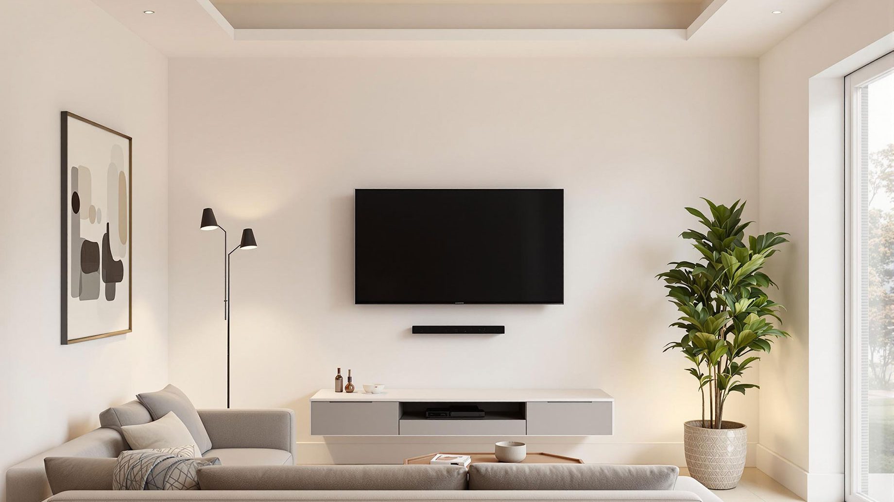A modern living room featuring a wall-mounted TV positioned at eye level for comfortable viewing from a contemporary sofa. The room is stylishly decorated with soft lighting, a plush area rug, and tasteful decor, creating a cozy and inviting atmosphere.
