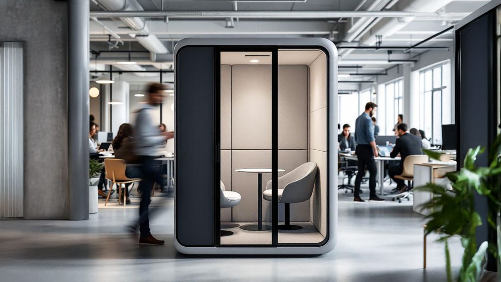 A modern office space featuring a sleek, minimalist acoustic booth designed for privacy and noise reduction, situated within a bustling open floor plan.
