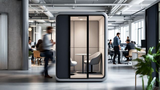 A modern office space featuring a sleek, minimalist acoustic booth designed for privacy and noise reduction, situated within a bustling open floor plan.