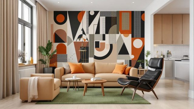 A cozy, small room featuring geometric wallpaper that adds visual interest and depth. The room is furnished with modern furniture and has a cohesive color scheme with earth tones and vibrant accents.