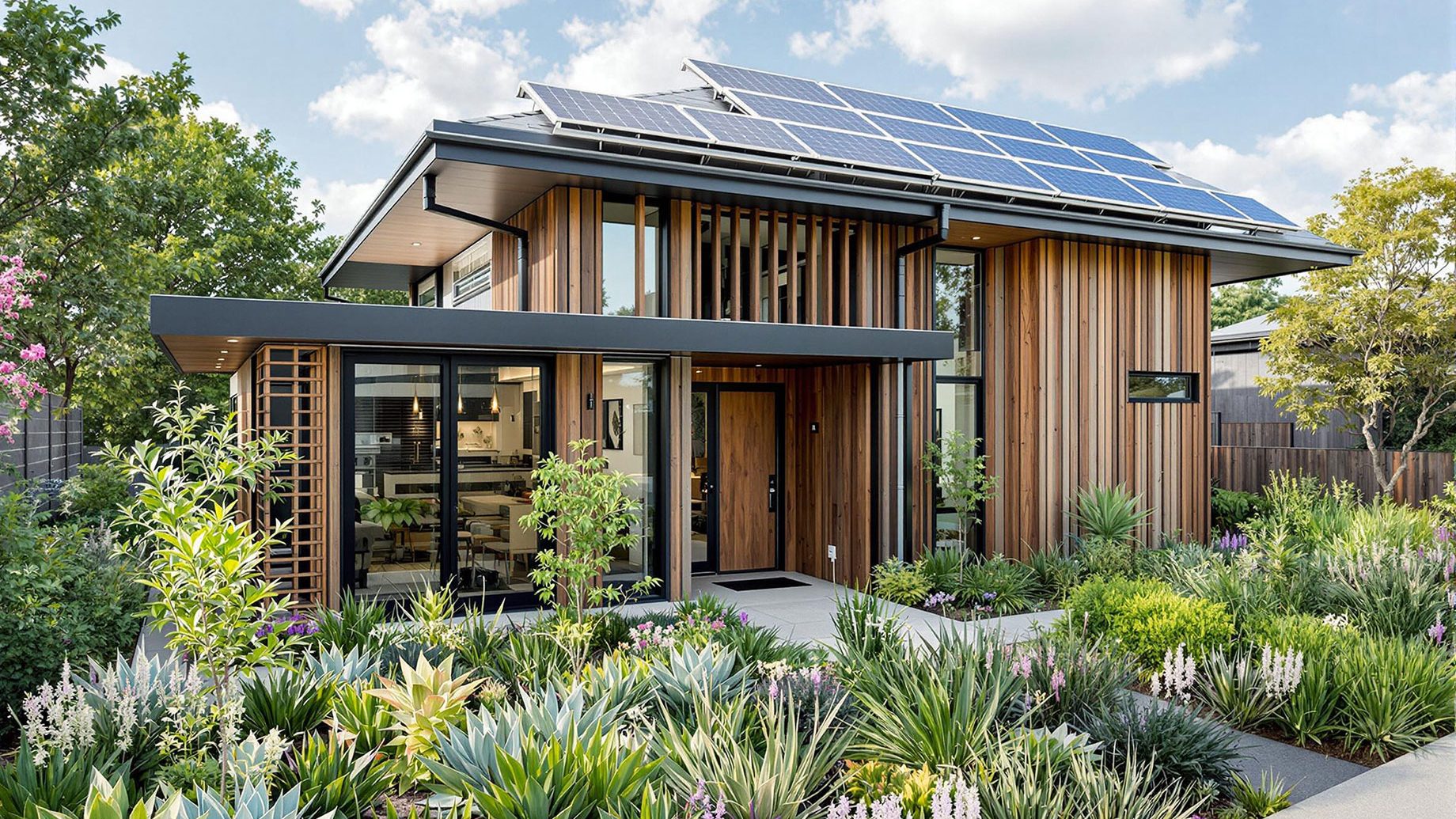 A modern sustainable luxury home featuring solar panels on the roof, surrounded by a lush garden with drought-tolerant plants. The exterior showcases reclaimed wood and recycled metal materials. Inside, smart home technology is visible, including a tablet controlling lighting and temperature. The interior design highlights eco-friendly materials like low-VOC paint and sustainable fabrics. The home is part of a community with walkable pathways, green spaces, and access to public transportation, emphasizing an environmentally conscious and energy-efficient lifestyle.