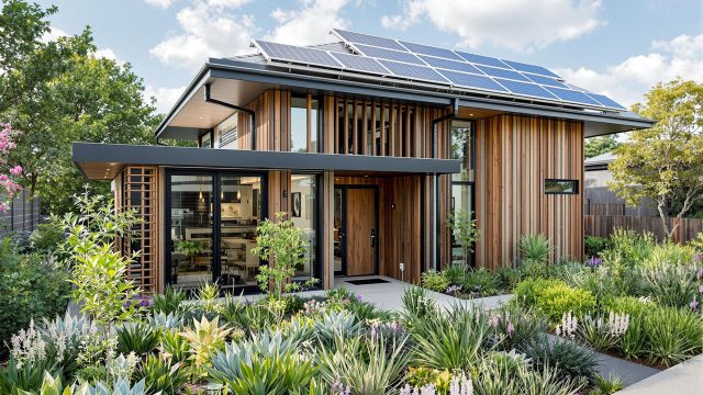 A modern sustainable luxury home featuring solar panels on the roof, surrounded by a lush garden with drought-tolerant plants. The exterior showcases reclaimed wood and recycled metal materials. Inside, smart home technology is visible, including a tablet controlling lighting and temperature. The interior design highlights eco-friendly materials like low-VOC paint and sustainable fabrics. The home is part of a community with walkable pathways, green spaces, and access to public transportation, emphasizing an environmentally conscious and energy-efficient lifestyle.