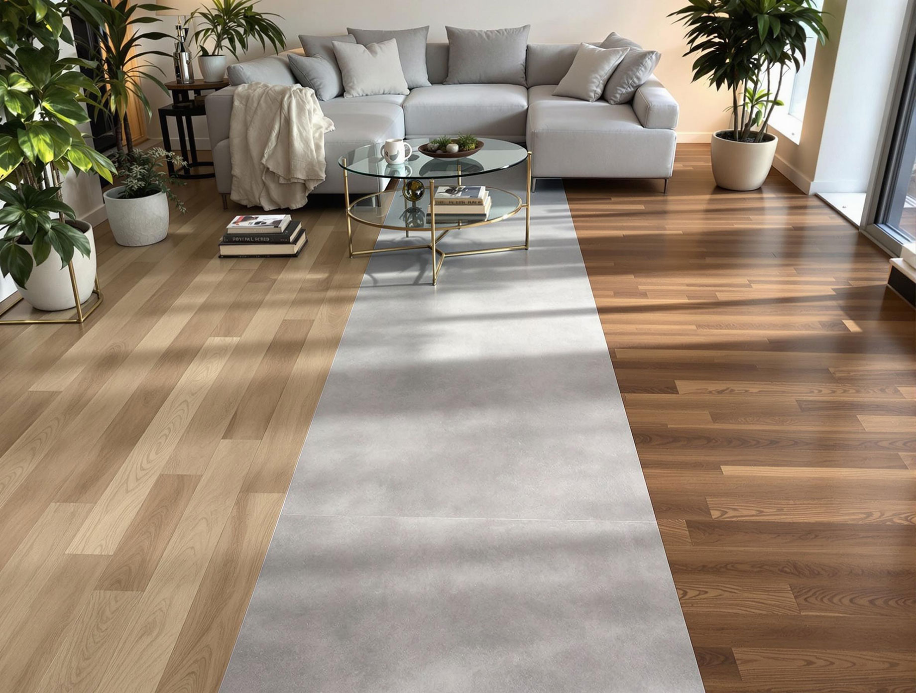 A modern urban living room featuring various trendy flooring options including Luxury Vinyl Plank, polished concrete, and engineered hardwood, decorated with contemporary furniture and plants.