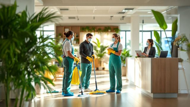 A team of professional cleaners in a modern office environment, equipped with advanced cleaning tools and eco-friendly products. The cleaners are interacting with office staff, showcasing a sense of reliability, efficiency, and attention to detail in a bright and well-organized workspace with a tropical ambiance.