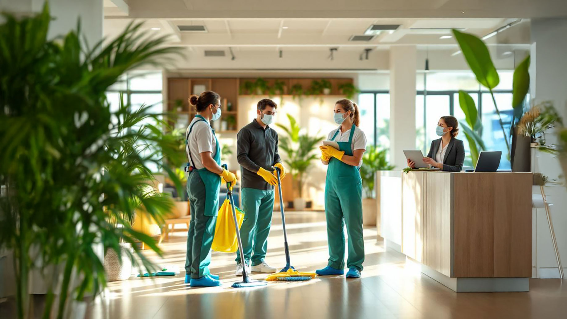 A team of professional cleaners in a modern office environment, equipped with advanced cleaning tools and eco-friendly products. The cleaners are interacting with office staff, showcasing a sense of reliability, efficiency, and attention to detail in a bright and well-organized workspace with a tropical ambiance.