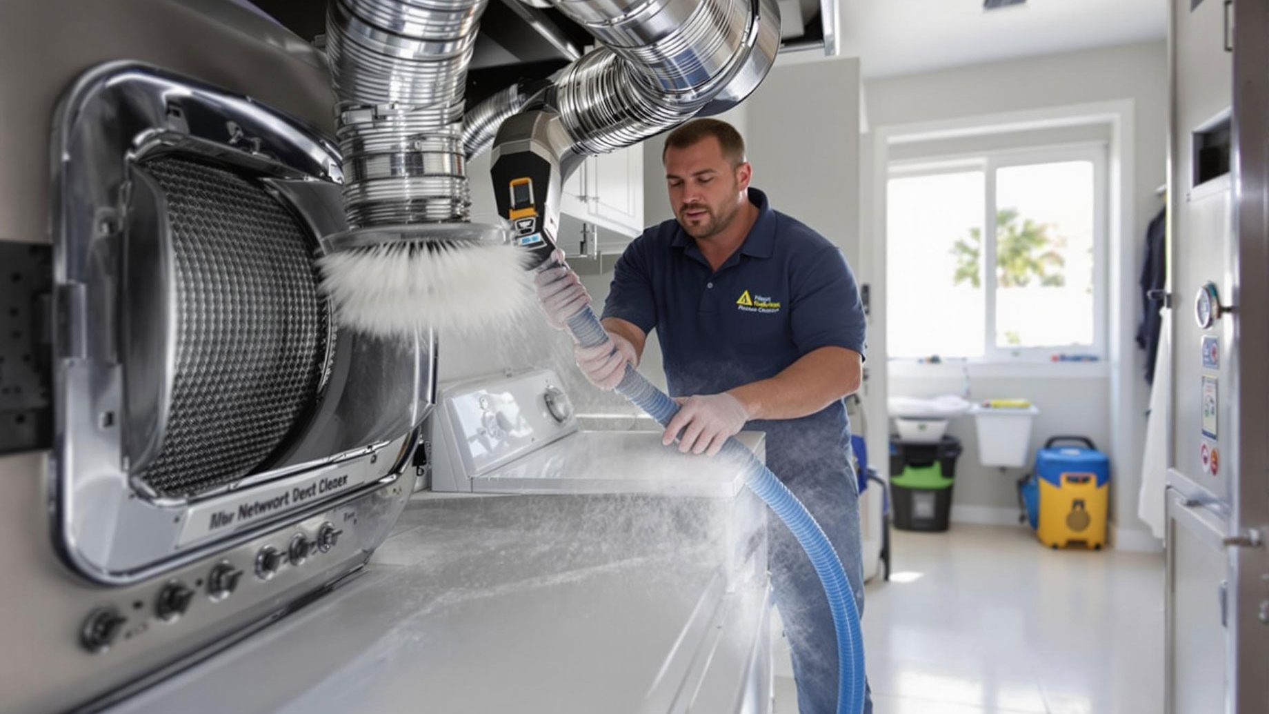 A technician performing professional dryer vent cleaning in a modern laundry room, using specialized tools to ensure safety and efficiency in a Newport Coast home.